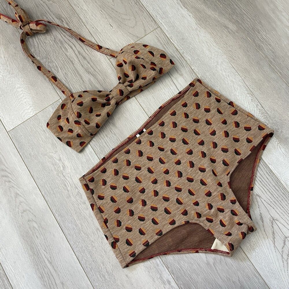 Geronimo Cotton Bikini halter high rise bikini womens Beige (small) retro swim